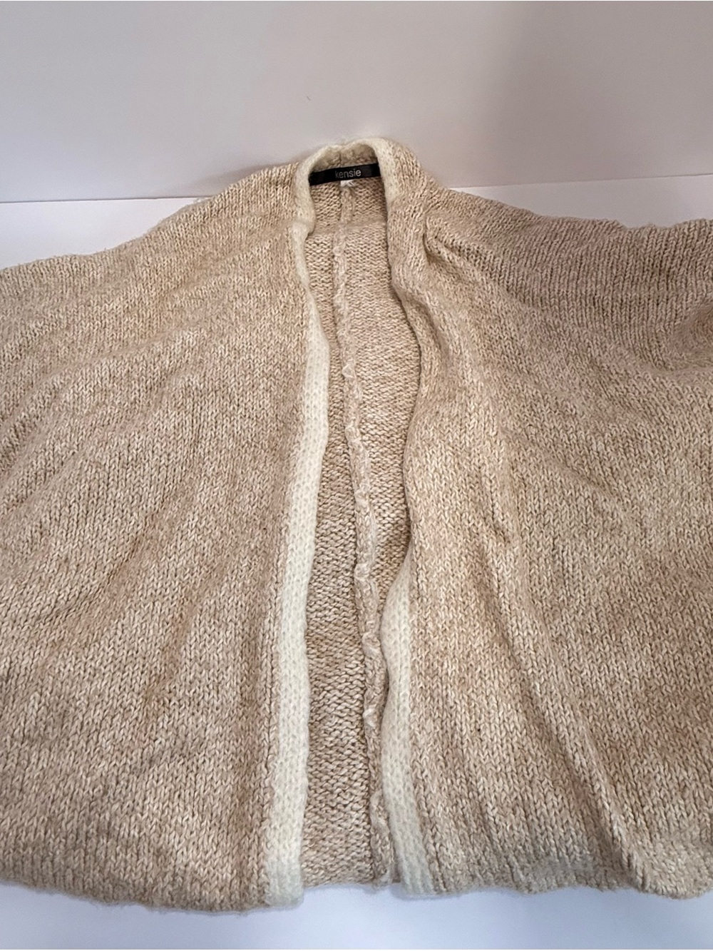kenzie Neutral Cream Open-Front Knit Poncho with Light Trim
